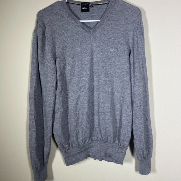 HUGO BOSS Men's gray extra fine merino wool 'Regular Fit' V pullover Sweater Med - Picture 1 of 5